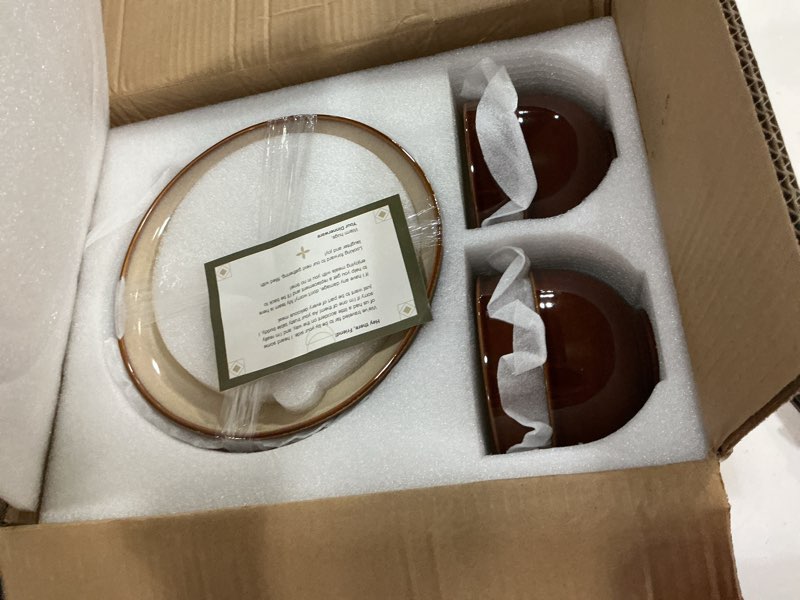 Condition photo showing New/Like New for pokini stoneware dinnerware set service for 4, 12 pcs reactive glaze plates and bowls sets, handmade round dishes set, highly chip and crack resistant modern plate set, brown yellow brown yellow service for 4-12pcs (cereal bowl)