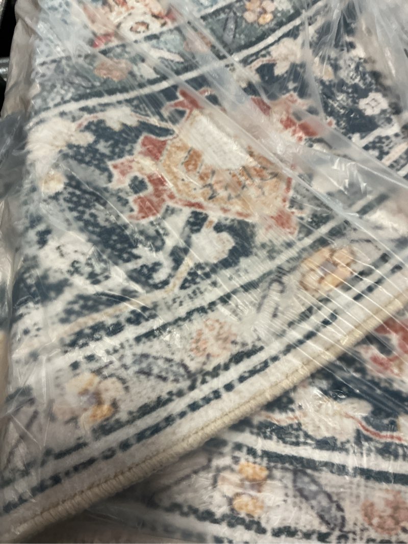 Condition photo showing Good Condition for releany area rugs round 7ft washable non-slip, floral vintage distress medallion carpet for living room bedroom dining room, beige navy blue orange colorful beige/blue/orange 7' (round)