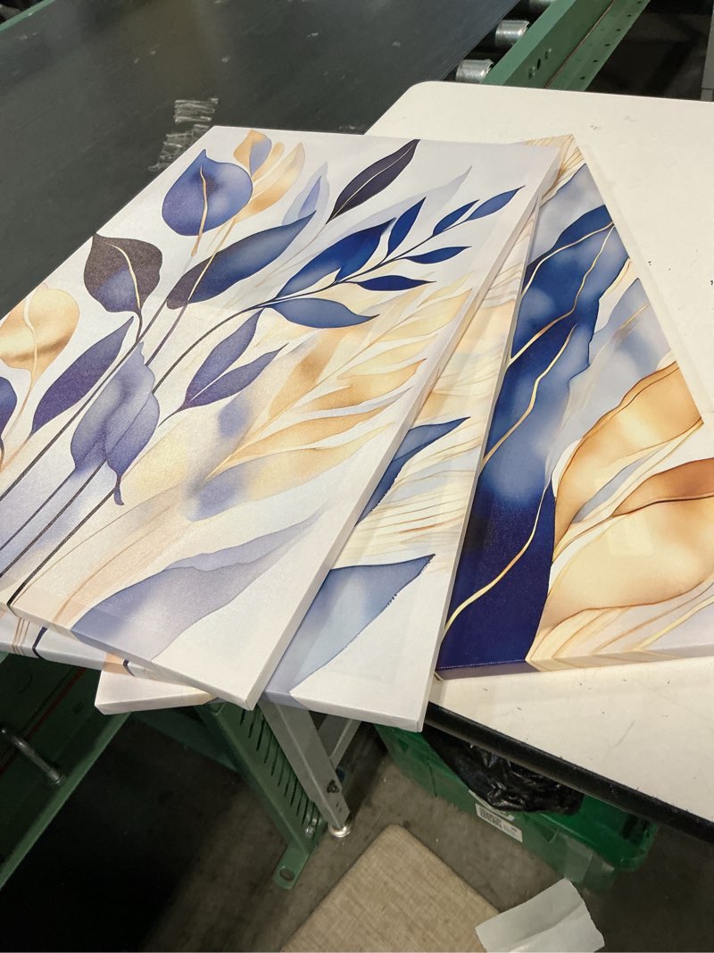 Condition photo showing Good Condition for yoxordq 3pcs blue leaves canvas wall art abstract blue botanical poster prints modern minimalist pla