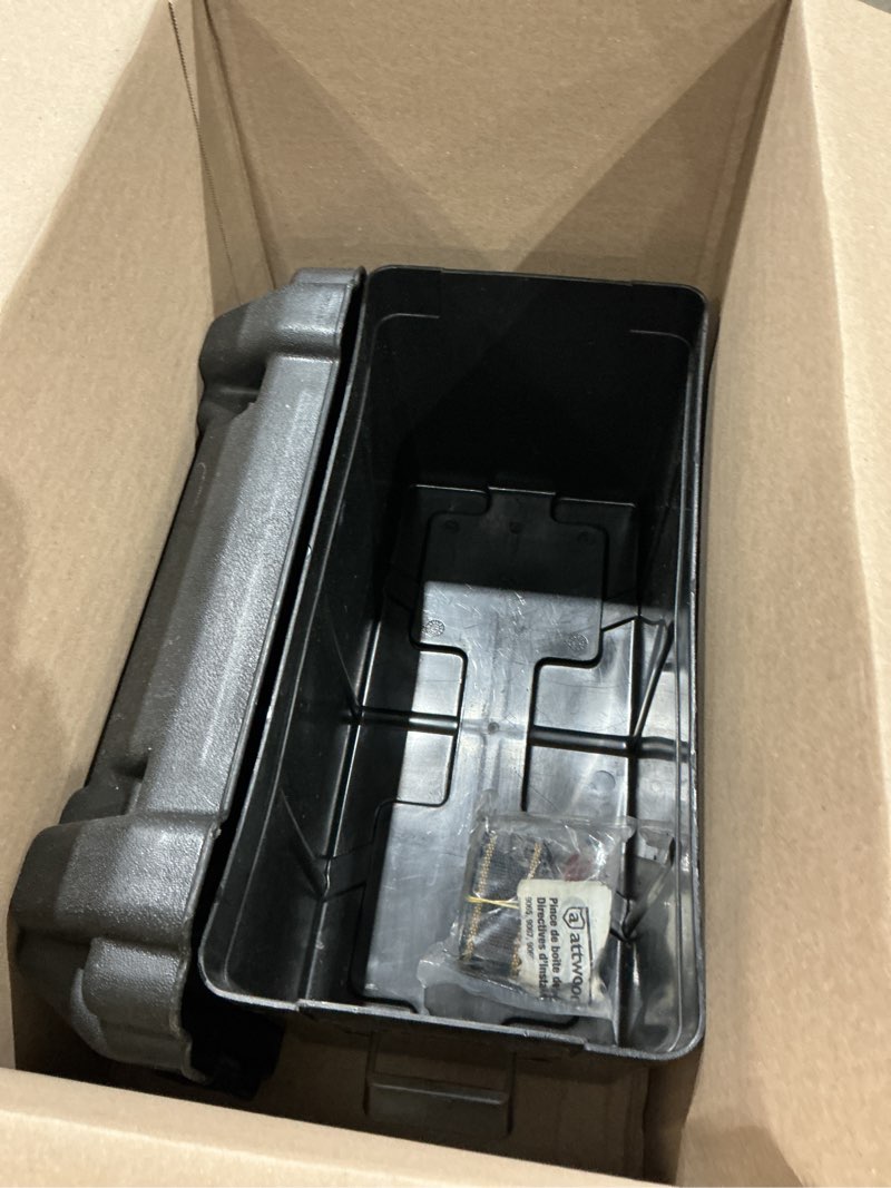 Condition photo showing As Is for attwood 9084-1 large vented battery box with mounting strap, fits group 29 and 31 series batteries, black powerguard 29/31 - vented