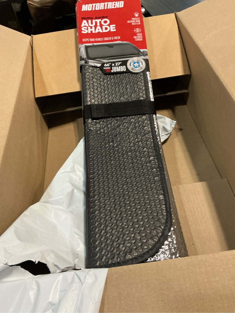 Condition photo showing New/Like New for motor trend black accordion folding car windshield sun shade - blackout sun visor for car windshield - foldable jumbo sunshade and front window truck sun screen for uv sun protection - 66 x 27 black jumbo (66x27)
