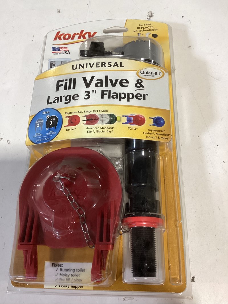 Condition photo showing As Is for korky universal toilet fill valve and 3-in flapper kit