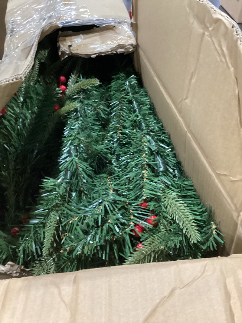 Condition photo showing As Is for Uten Artificial Christmas Tree, 7.5Ft Unlit Tree with Mixed 1150 Branch Tips, Red Holly Berries, Metal Stand, Easy Assembly for Home, Office, Holiday 7ft 6in Mixed Green Tree With Red Berries