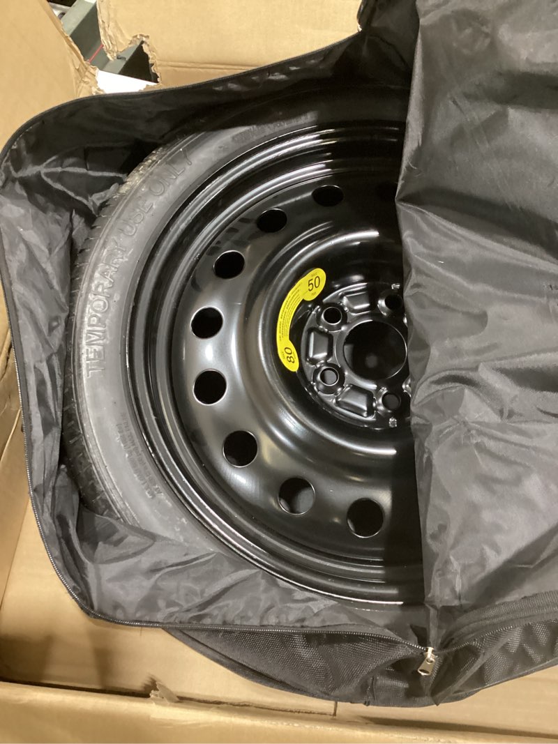 Condition photo showing As Is for spare tire kit compatible with 2017-2026 civic- includes 18x4 black rim, 135/70r18 spare wheel, 25.5” rolling diameter, includes car jack kit and tire carrying case