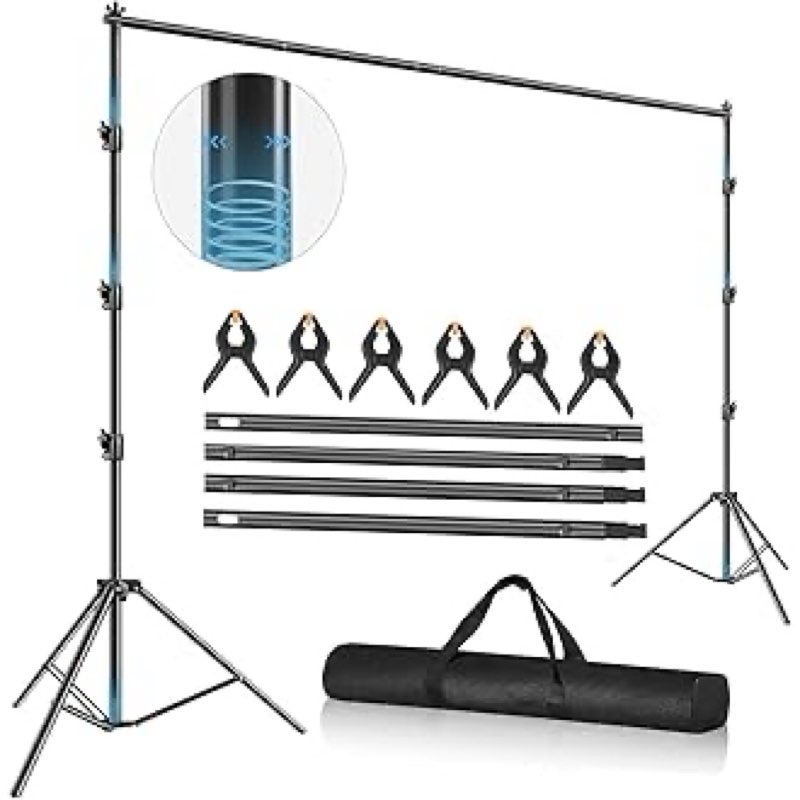 Photo Video Studio 10 x 10ft Heavy Duty Backdrop Stand, Adjustable Photography Background Support System Kit with Shock-Proof Spring, Carrying Bag, 6 Clamps