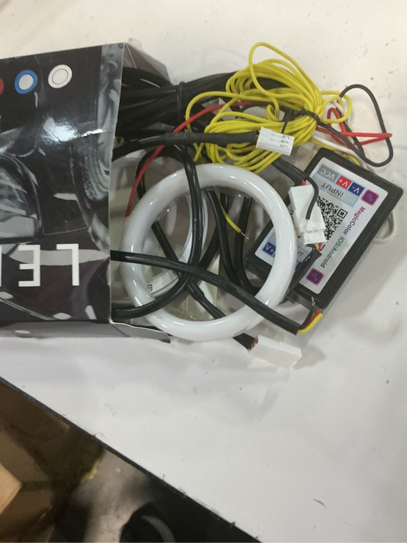 Condition photo showing As Is for qasim angel eyes halo rings cotton lights 12v 70mm rgb led universal for car scooter motorcycle drl fog light turn signal light app bluetooth control multi-color 2-pack