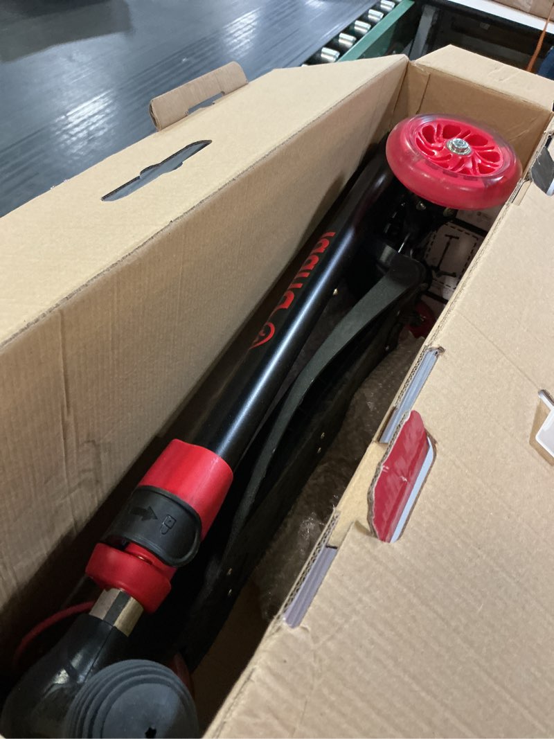 Condition photo showing As Is for dribbl 3-wheel kids scooter - lean-to-steer technology, adjustable height handlebar, anti-slip deck, scooter for boys & girls ages 3+, child safety approved, support rider up to 165 lbs, black and red black & red