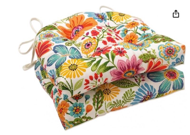  Pillow Perfect Bright Floral Indoor/Outdoor Tufted Wicker Chair Pad with Ties, 15.5" x 16", 2 Count, Blue/Purple Gregoire