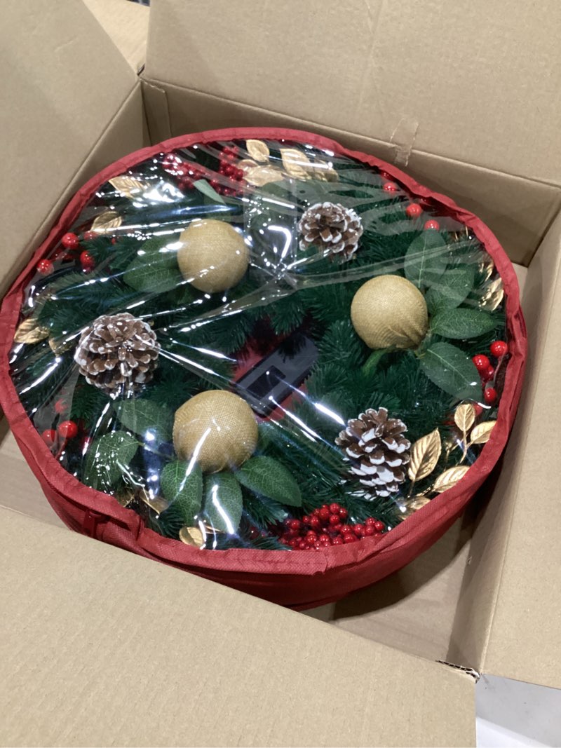 Condition photo showing New/Like New for christmas wreath with 40 led lights,18 inch pre-lit artificial christmas wreaths for front door with pinecones red berries ball ornaments, christmas decorations for indoor & outdoor use