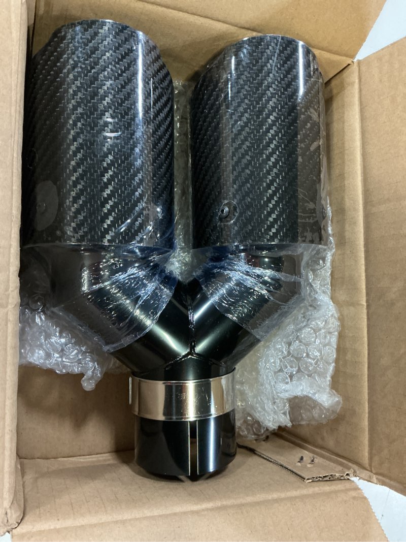Condition photo showing New/Like New for carbon fiber dual exhaust tip 2.5" inlet 4" outlet 10" length polished stainless exhaust tailpipe tip compatible with dodge challenger chevrolet camoro ford mustang honda civic m3