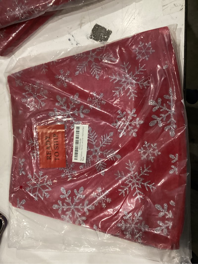Condition photo showing New/Like New for New Traditions Red Velvet Christmas Tree Collar with Silver Glitter Snowflakes – 26" Diameter Fabric Stand Band for Artificial & Natural Trees – Tree Skirt Alternative, Collapsible Red Snowflake