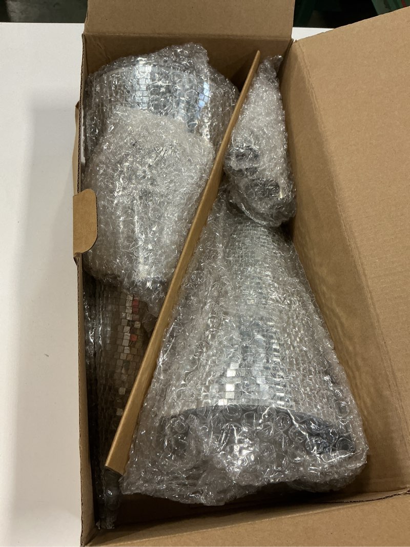 Condition photo showing Good Condition for Silver Glass Trees Set of 6, 17" 15" 13" Small Tabletop Christmas Tree Handmade Disco Decor for Xmas Table Party Centerpiece Decoration 6PCS Silver