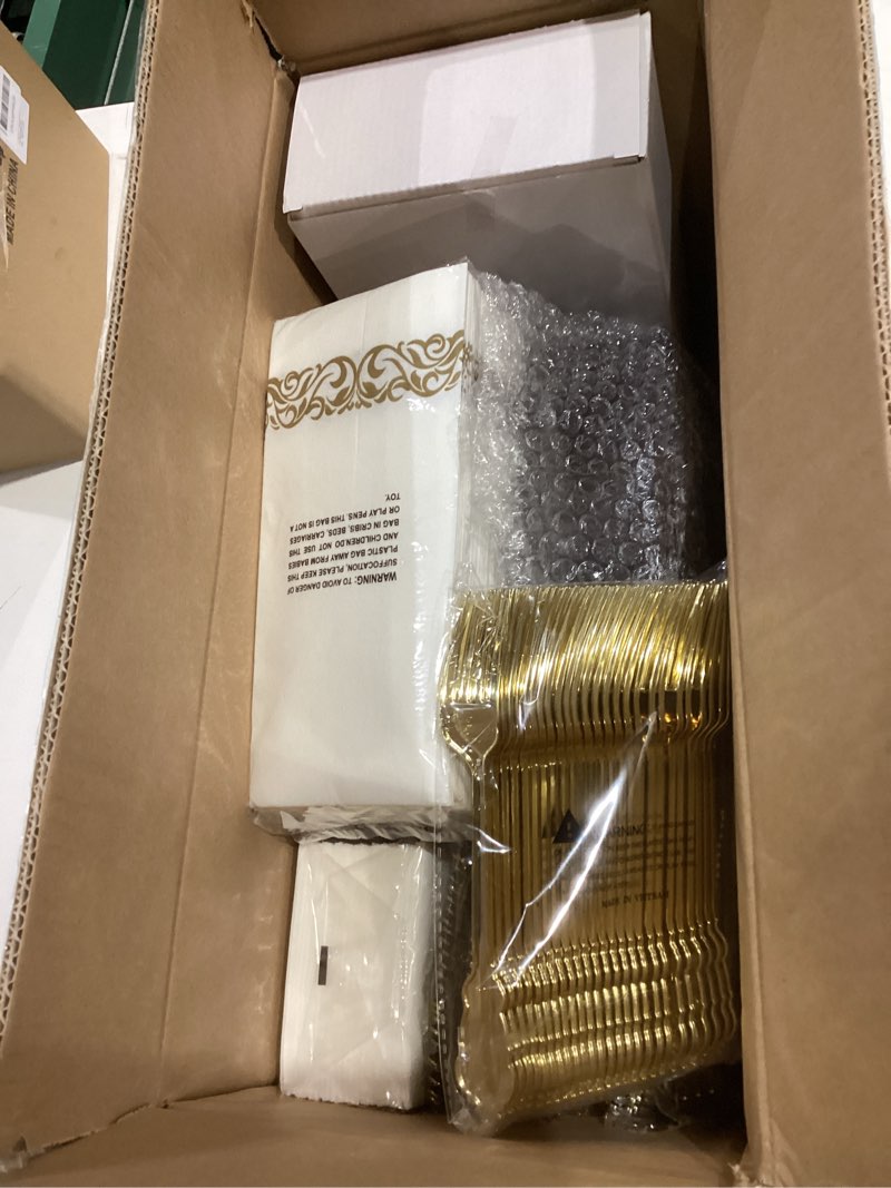 Condition photo showing item condition for Nervure 350PCS Purple Plastic Plates - Purple Plastic Dinnerware Sets for 50 Guests - 100 Disposable Plates, 150 Gold Silverware, 50 Cups, 50 Napkins for Wedding & Party