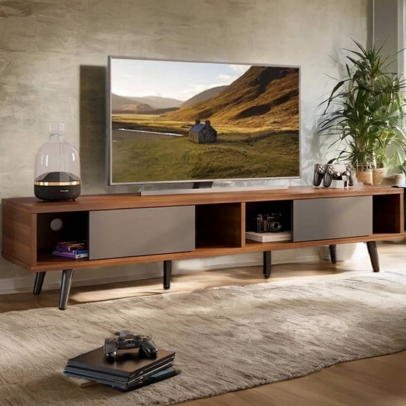 READ DESCRIPTION!   Bestier Mid-Century Modern TV Stand for TVs up to 70\"/75\"/80\", 70\" Entertainment Center with Sliding Doors for Living Room, Rustic Brown
