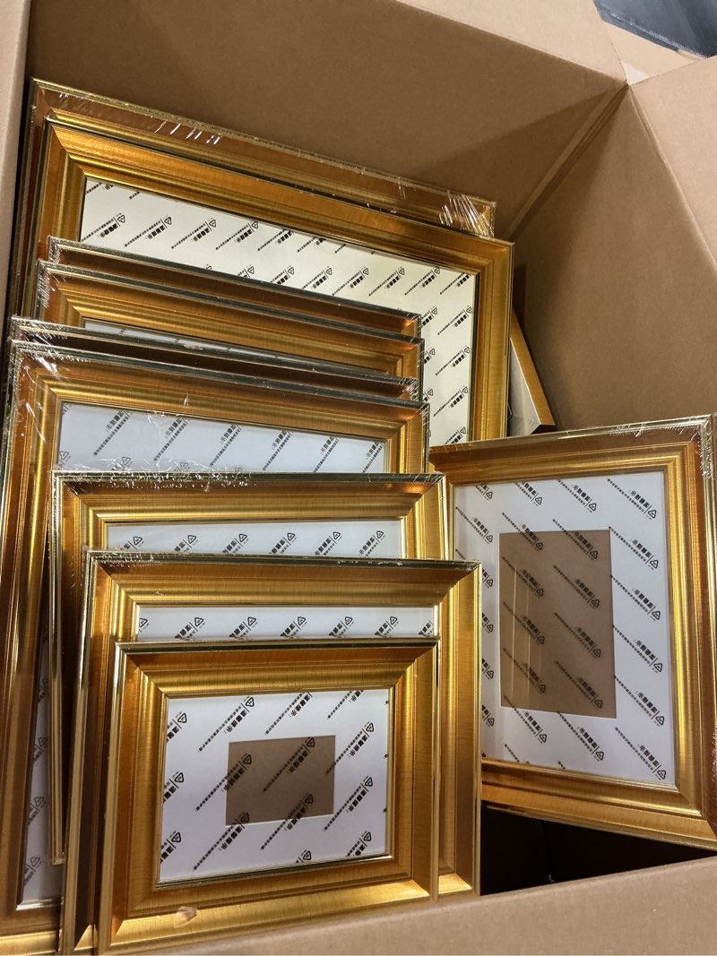 Condition photo showing Good Condition for wonderjune 12 pack gold gallery wall frame set with removable mat picture frames for 16x20, 11x14, 8x10, 5x7 photos, large vintage ornate frames for tabletop or wall mounting display multi sizes