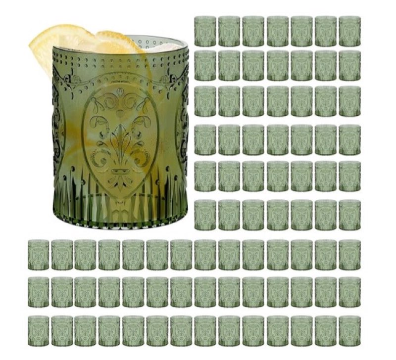 100 Plastic Vintage Drinking Glasses 8.5oz Stemless Retro Embossed Wine Glasses Shatterproof Reusable Cups for Baby Shower Wedding Reception Grand Event Party (Dark Green)
