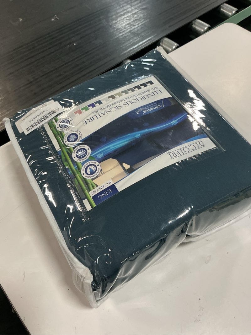 Condition photo showing Good Condition for decolure cooling bed sheets king set 4pcs - luxurious & ultra-soft king size cooling sheets for hot sleepers - comfortable & cool bamboo viscose microfiber sheets king size w/deep pockets (navy) navy blue king
