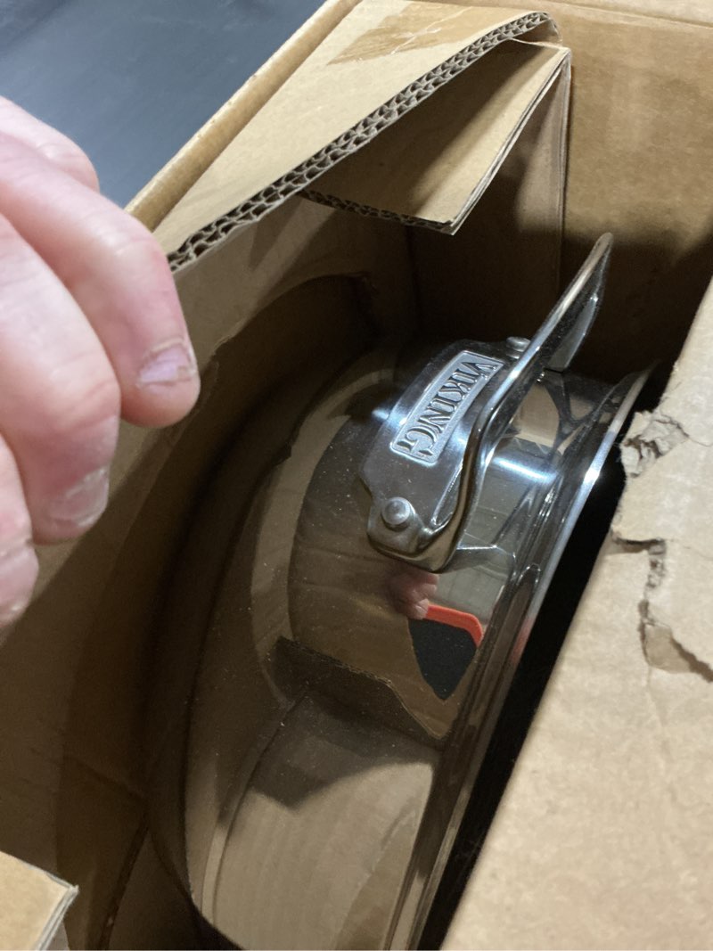 Condition photo showing As Is for Viking 3-Ply Oval Roasting Pan, 8.5 Quart, Stainless Steel Kitchen Cookware with Metal Induction Lid and Rack, Great for Turkey, Dishwasher and Oven Safe, Silver Oval Roaster with Metal Induction Lid