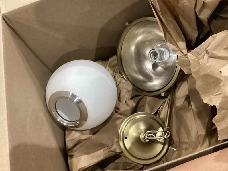 Condition photo showing As Is for modern 1-light gold globe pendant light with frosted glass shade