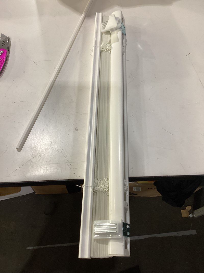 Condition photo showing As Is for cordless vinyl mini l blinds 25" w x 48" h, 1" slat white horizontal windows l blind for door, shades, camper, light filtering, interiors, arrive 1/2 inch narrower indoor 25"w x 48"h