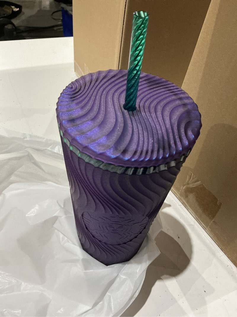 Condition photo showing New/Like New for starbucks wavy plastic cold cup, 24 oz, reusable tumbler with straw and lid, textured wave design, bpa-free, purple with embossed siren logo