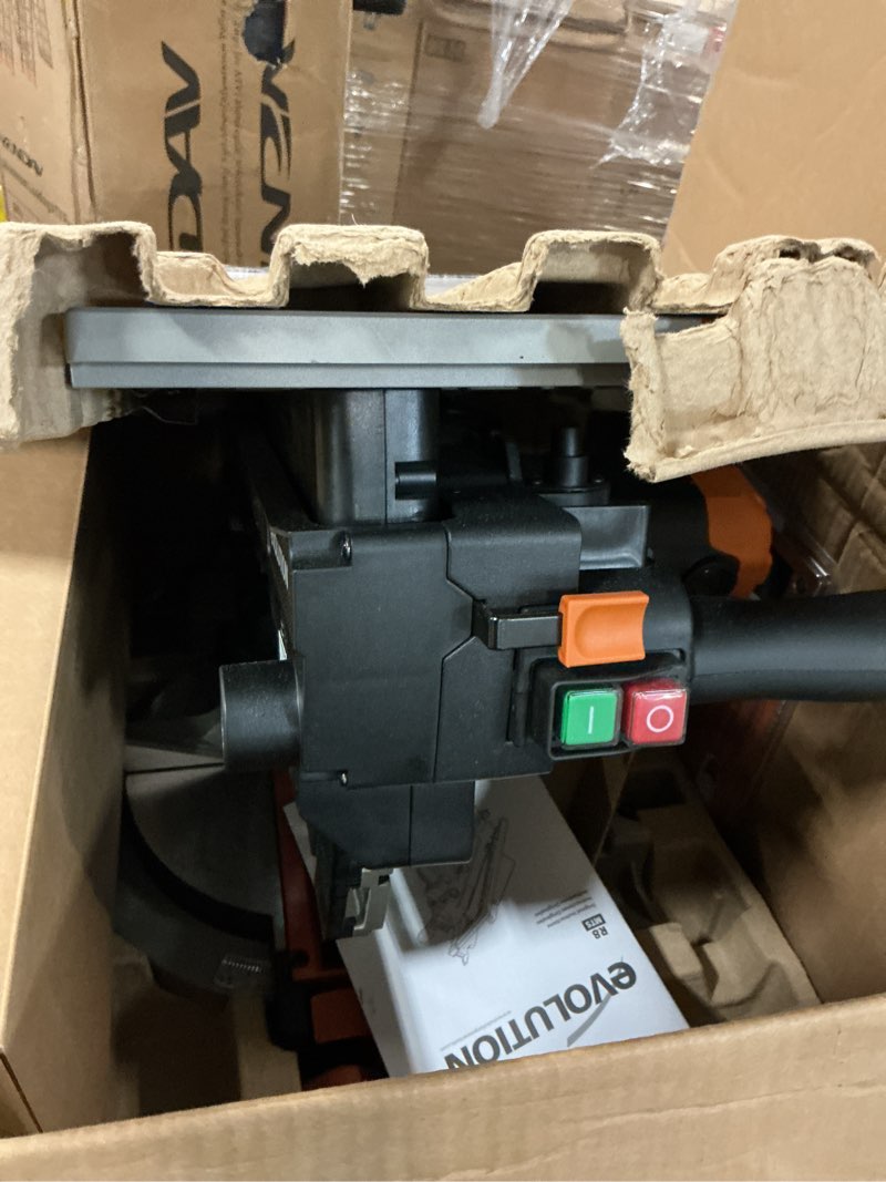Condition photo showing As Is for Evolution R8MTS | 8-1/4” Convertible Miter/Table Saw | Multi-Function Saw | 0-45° Bevel & +/- 45° Miter | Multi-Material Cutting: Wood, Plastic, Metal | Compact, Powerful 12A Motor | TCT Blade Incl Miter Table Saw