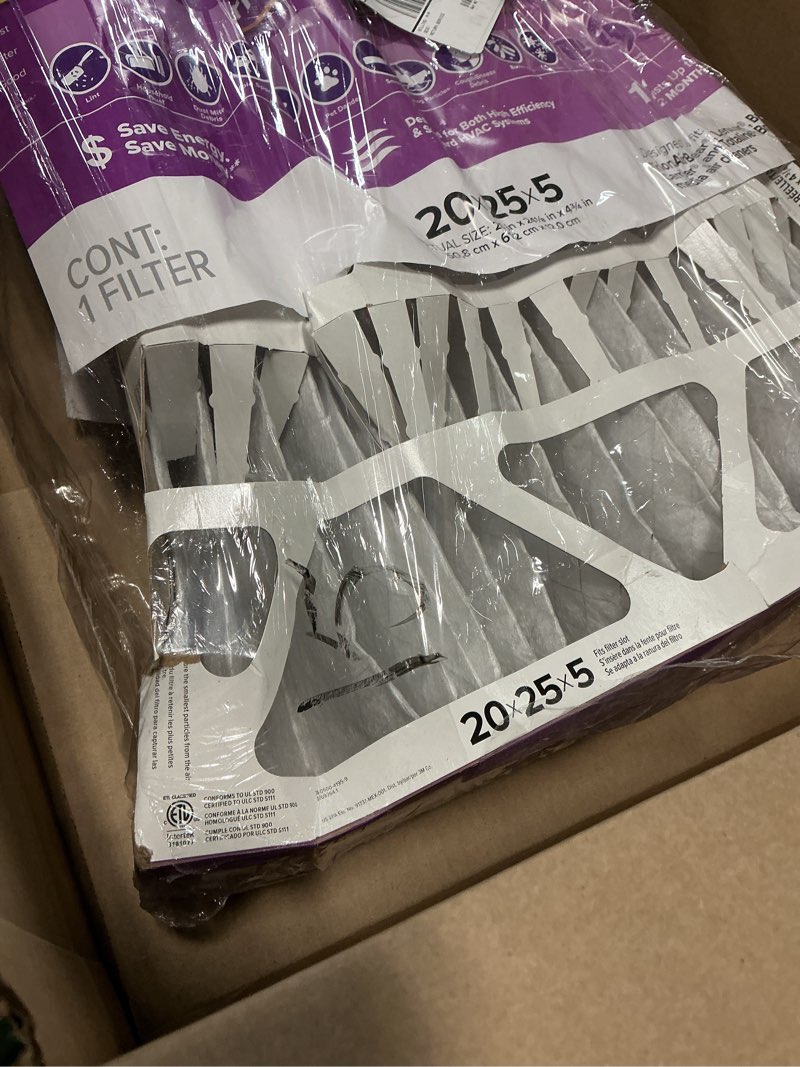 Condition photo showing As Is for filtrete 20x25x5 ac furnace air filter, mpr 1550, merv 12, fits trion airbear, certified asthma & allergy friendly, electrostatic air cleaning filter, 1-pack (actual size 19.56 x 24.13 x 4.75) 4.7" x 24.2" x 19.6"
