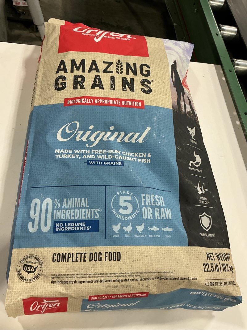 Condition photo showing New/Like New for ORIJEN Amazing Grains High Protein Dry Dog Food Original Recipe 22.5lb Bag Amazing Grains Original Recipe 22.5 Pound (Pack of 1)( Unknown best by date ) 