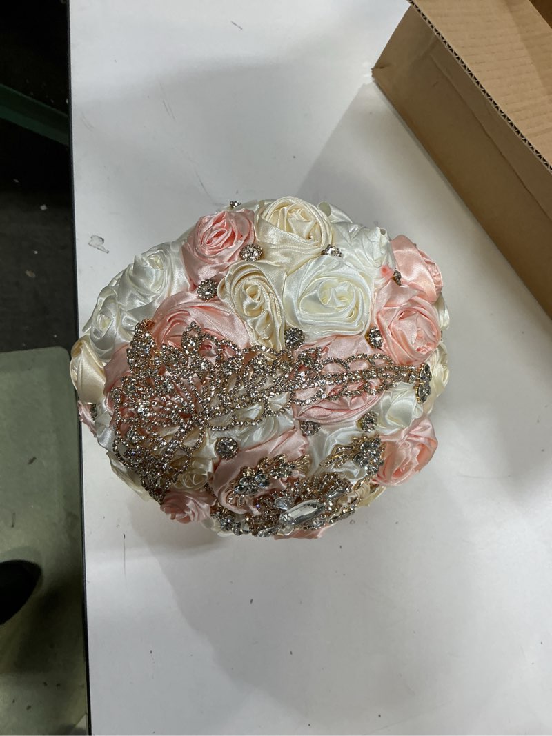 Condition photo showing Good Condition for Handmade Wedding Bridal Bouquet with Luxury Gold Rhinestone Brooch Bouquet for Bride Bridesmaid Quinceanera Satin Rose Flower Wedding Bouquet Pale Pink Champagne and Ivory 7.5in Pale Pink, Champagne & Ivory Medium (DIA. 7.5"/19cm)