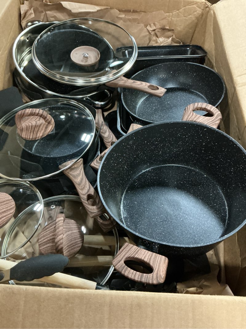 Condition photo showing As Is for (incomplete, missing pcs)carote 21pcs pots and pans set nonstick, cookware set black granite induction kitchen cooking set w/frying pans & saucepans(pfos, pfoa free) classic black 21 piece