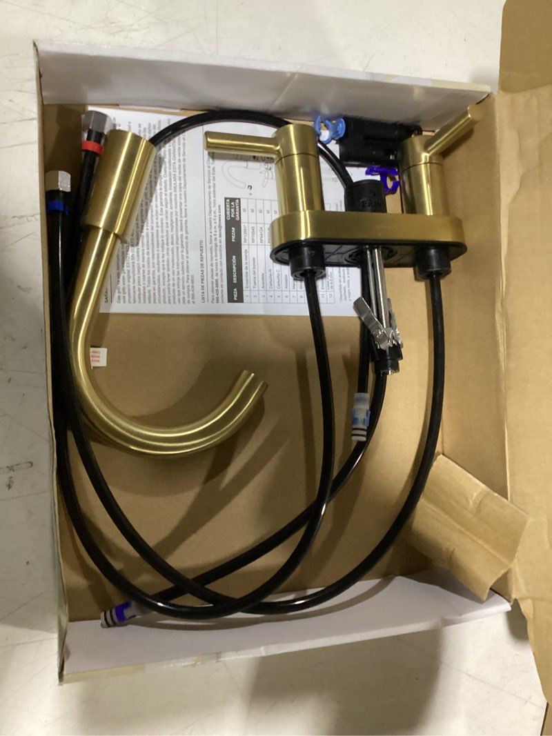 Condition photo showing Good Condition for allen + roth harlow simplefit brushed gold 4-in centerset 2-handle watersense mid-arc residential handle bathroom sink faucet with drain with deck plate