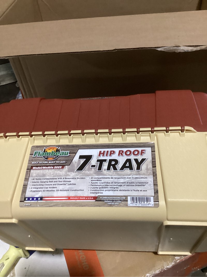 Condition photo showing Good Condition for Flambeau Outdoors 2059 Hip Roof 7-Tray Fishing Tackle Box - Large Portable All-Weather Fishing Lure Organizer, 61 Compartments, Maroon/Tan