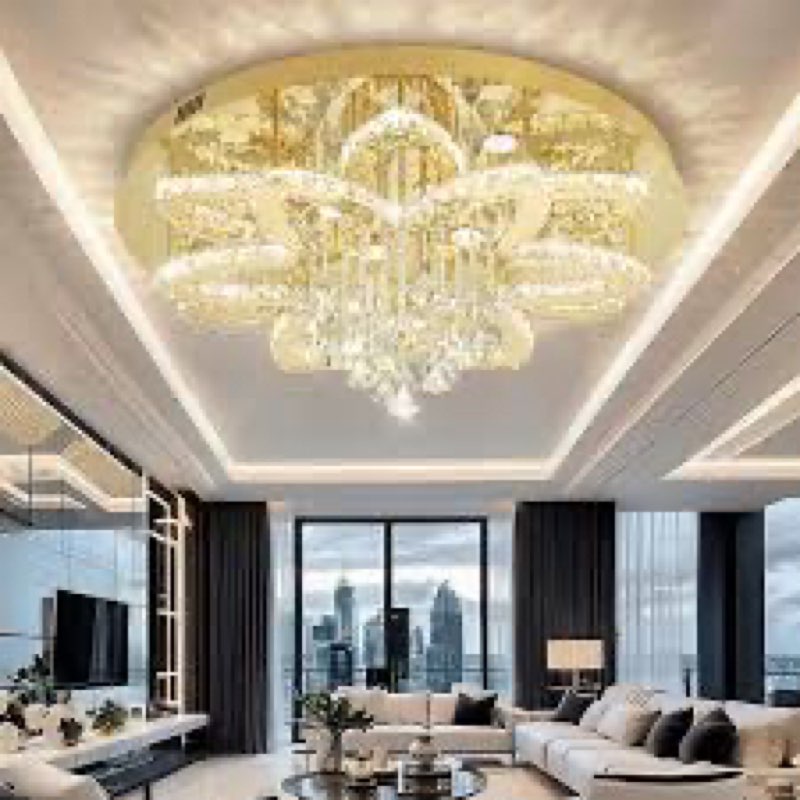 32 inch crystal flush mount chandelier, modern raindrop crystal gold chandeliers with remote and app