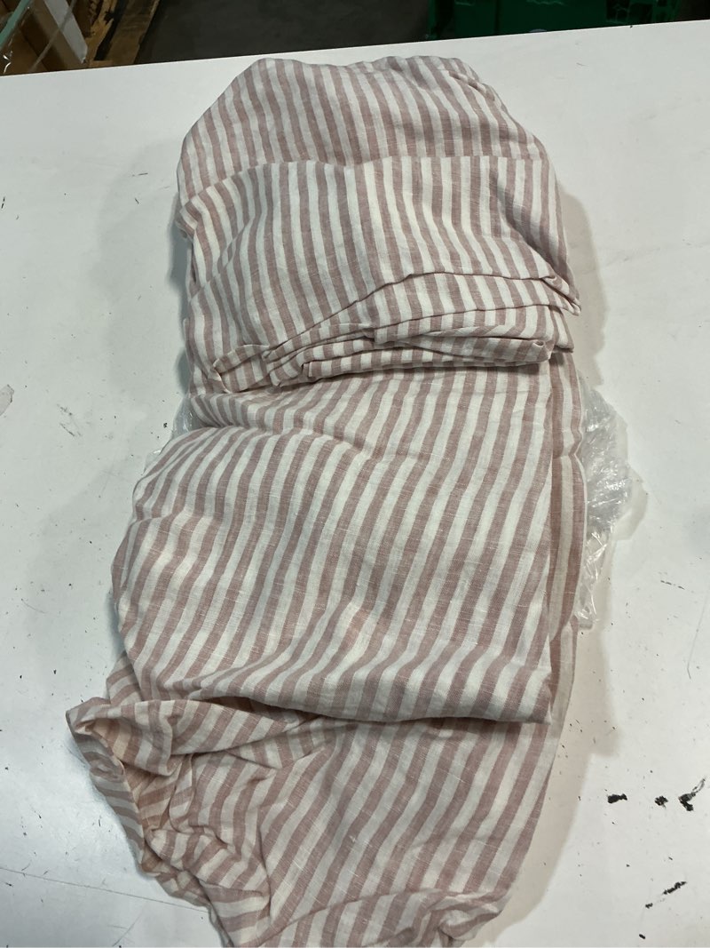 Condition photo showing As Is for european linen stripe fitted sheet set, queen, dusty mauve/white stripe