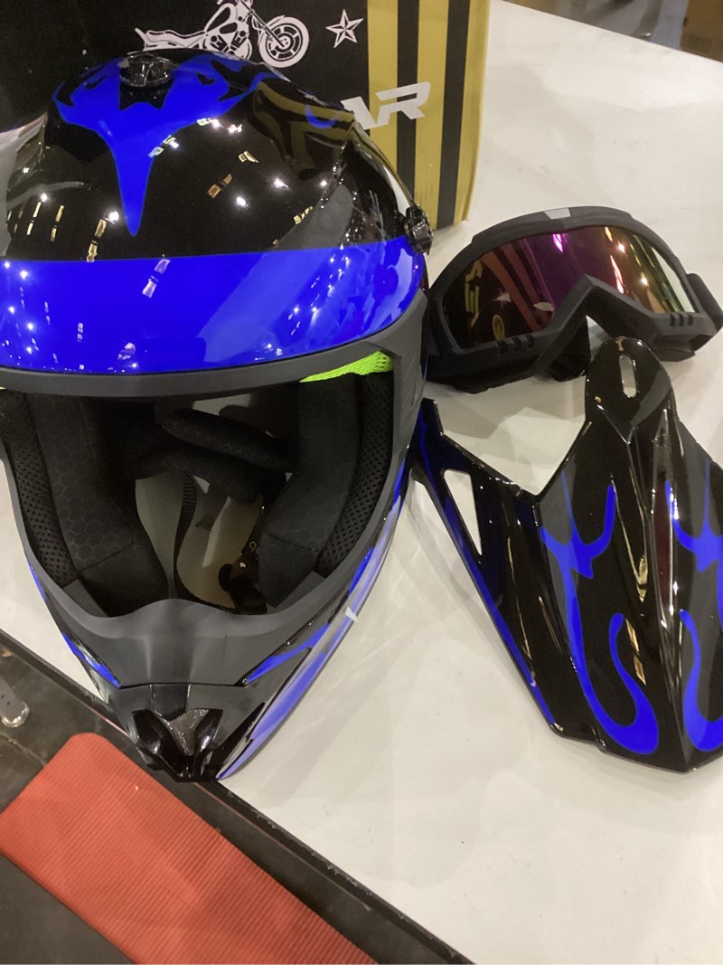 Condition photo showing As Is for Youth Kids Dirt Bike Helmet for Boys & Girls,F001 Full Face Motorcycle Helmet for Off-Road ATV Street Riding Four Wheeler Mountain Bike with Goggles Gloves,DOT Approved Glassy Blue Flame Medium
