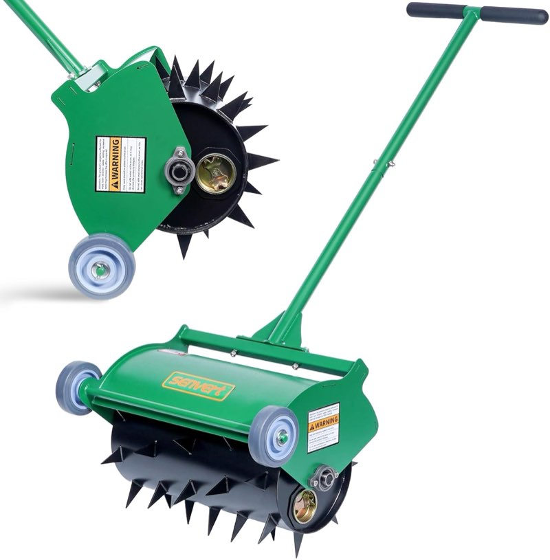 rolling lawn aerator, heavy duty push spike aeration tool up to 55 lbs, manual rotary grass aerator for garden and yard use