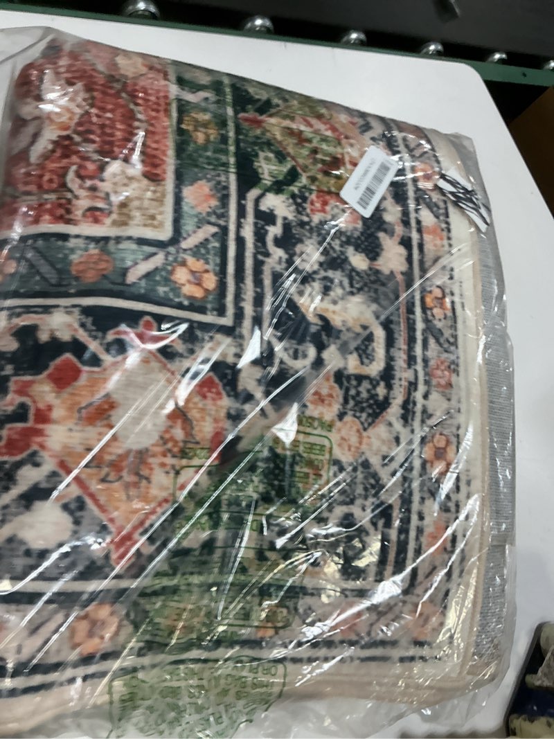 Condition photo showing Good Condition for area rugs 8'x10' washable non-slip, floral vintage distress print pattern medallion carpet for living room bedroom dining room, beige navy blue orange colorful beige/blue/orange 8' x 10' (rectangular)