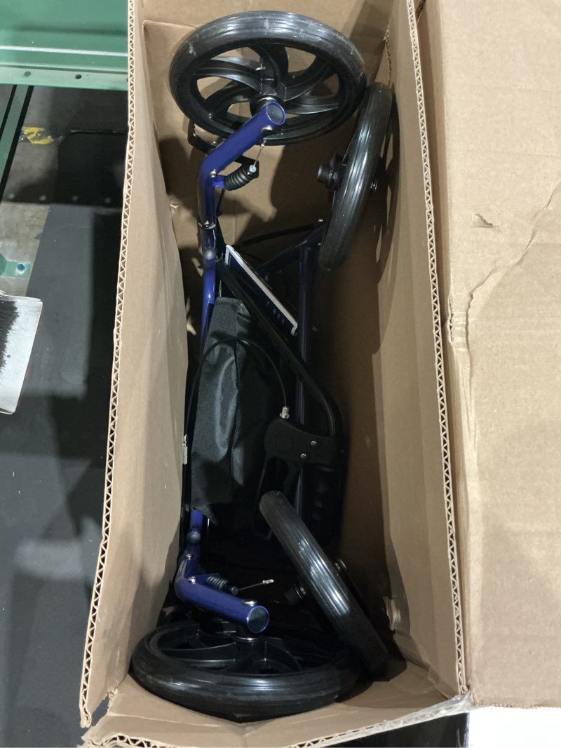 Condition photo showing As Is for drive medical rollator walker with seat - stable mobility support - height adjustable - durable steel frame construction - smooth 7.5" wheels - foldable - 350 lb limit - blue