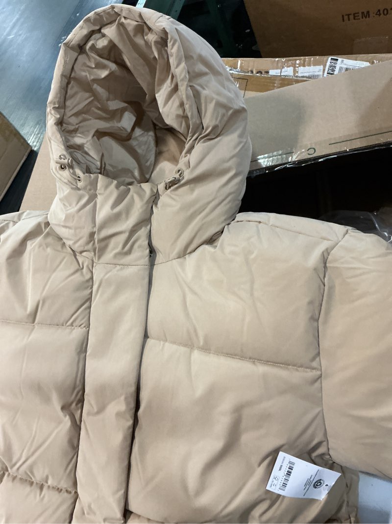 Condition photo showing New/Like New for Amazon Essentials Women's Oversized Long Puffer Jacket (Available in Plus Size) Large Tan