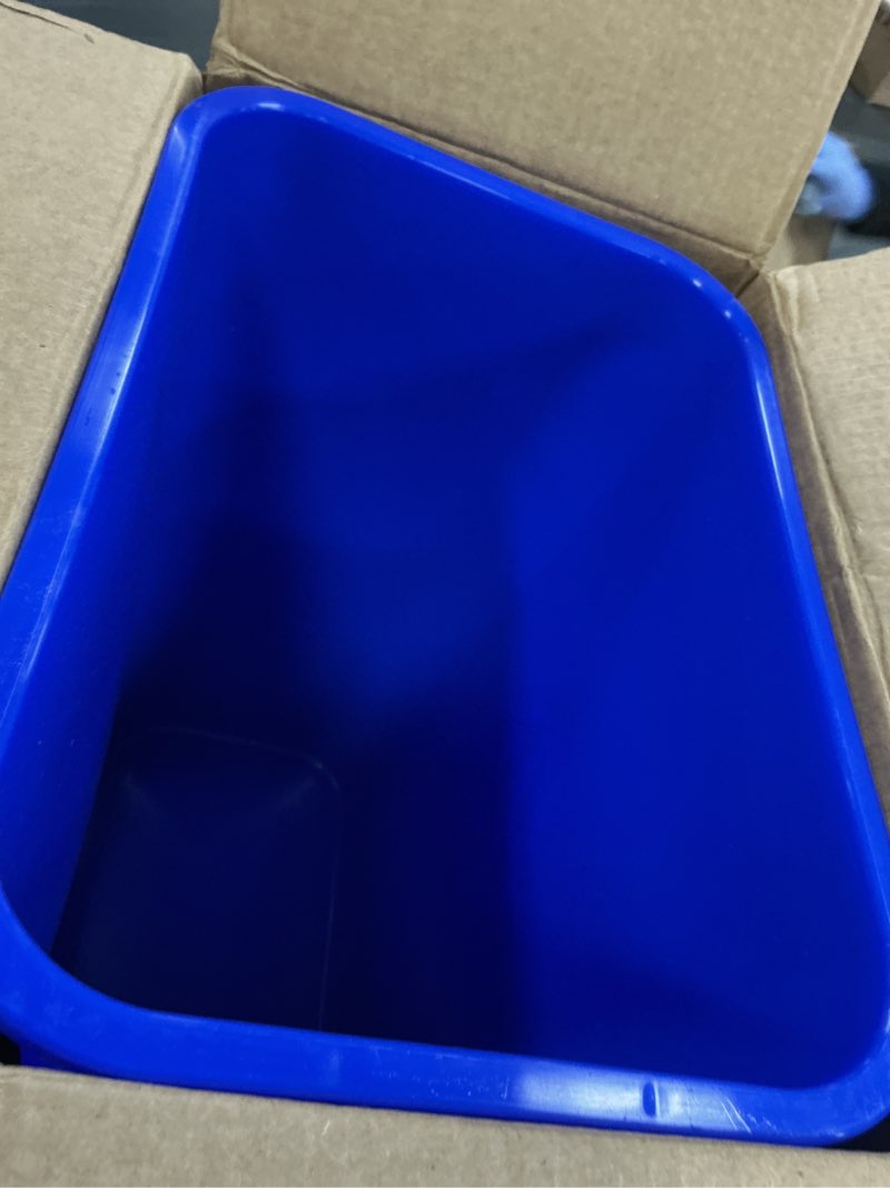 Condition photo showing Good Condition for Amazon Basics Trash Can, Rectangular Commercial Office Wastebasket, Recycle Logo, 10 Gallon (Pack of 1), Blue