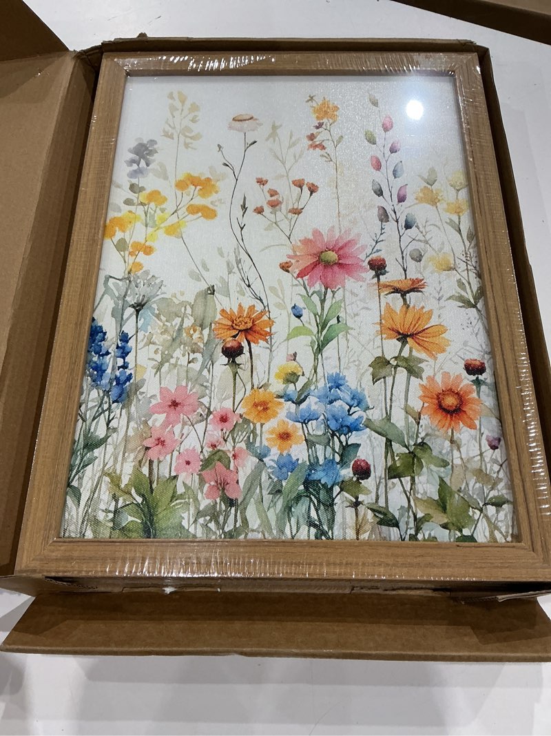 Condition photo showing Good Condition for 3 piece colorful wildflower wall art set framed spring wall decor 12x16 in | spring green botanical prints, rustic country flower painting, neutral farmhouse artwork for gallery living room decor colorful flowers framed 16"l x 12"w