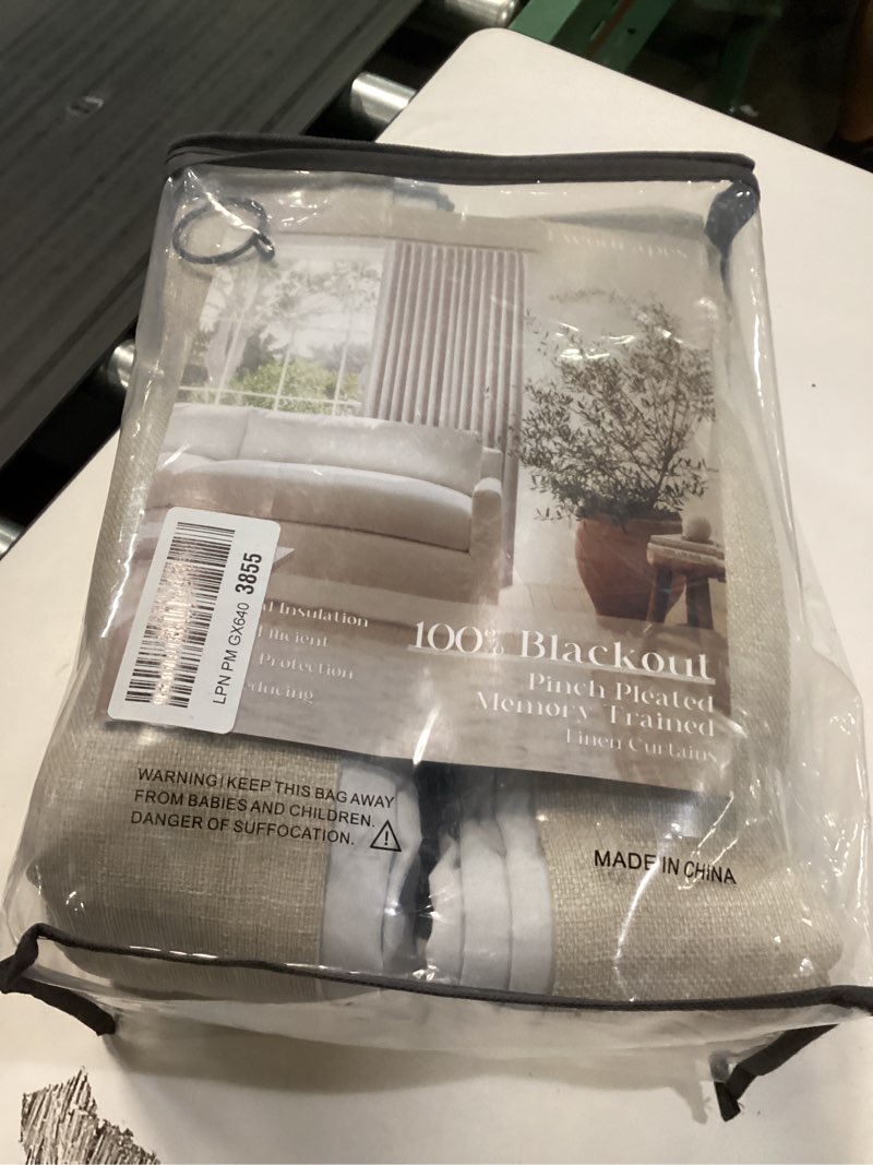 Condition photo showing New/Like New for 108 inch pinch pleat blackout curtains 108 inches long for bedroom neutral farmhouse 100% black out room darkening burlap thick linen double layer pleated curtain 2 panels set oatmeal beige sand oatmeal 40"w x 108"l (pack of 2)