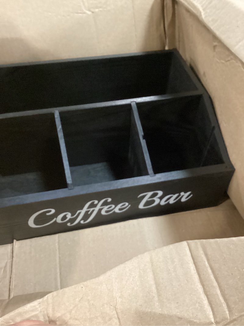 Condition photo showing New/Like New for coffee station organizer for countertop – wooden coffee bar organizer with adjustable dividers,holds k cup pod & syrup bottles, for kitchen, office, or bar and tea station, black 1 pack black