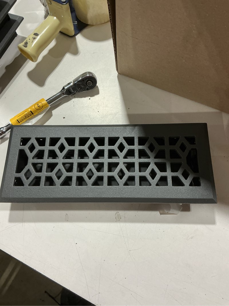 Condition photo showing Good Condition for allen + roth 4-in x 12-in maximum airflow steel pewter marquis design floor register