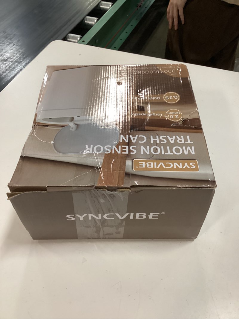 Condition photo showing New/Like New for syncvibe bathroom trash can with lid 2 gallon slim motion sensor garbage can narrow automatic plastic trash bin for bedroom, living room, toilet, office (white) 2 gallon white