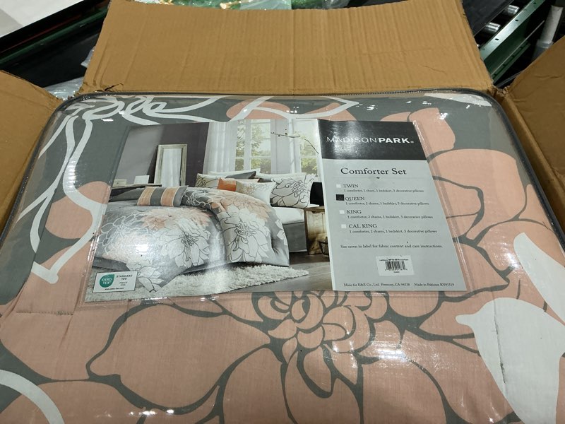Condition photo showing New/Like New for madison park sateen cotton comforter set, breathable, soft cover, modern print, all season down alternative cozy bedding with matching shams, floral taupe grey/peach, queen 7 piece queen taupe grey/peach
