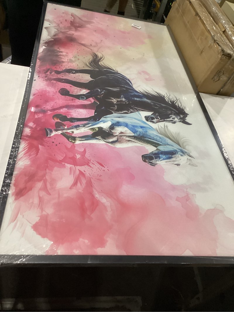 Condition photo showing New/Like New for two running horses in an abstract watercolor style with prominent red and white paint splatter effects