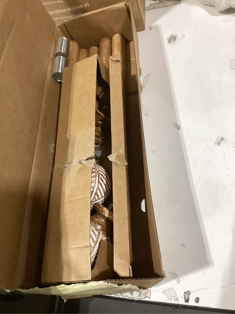 Condition photo showing Good Condition for Zeerobee Wood Curtain Rods for Windows 32 to 72, 1 Inch Heavy Duty Drapery Rods with Imitation Wood Grain Leaf Pattern Finials, Indoor/Outdoor Modern Curtain Pole, 32"-72", Coffee Brown 32"-72" Coffee Brown