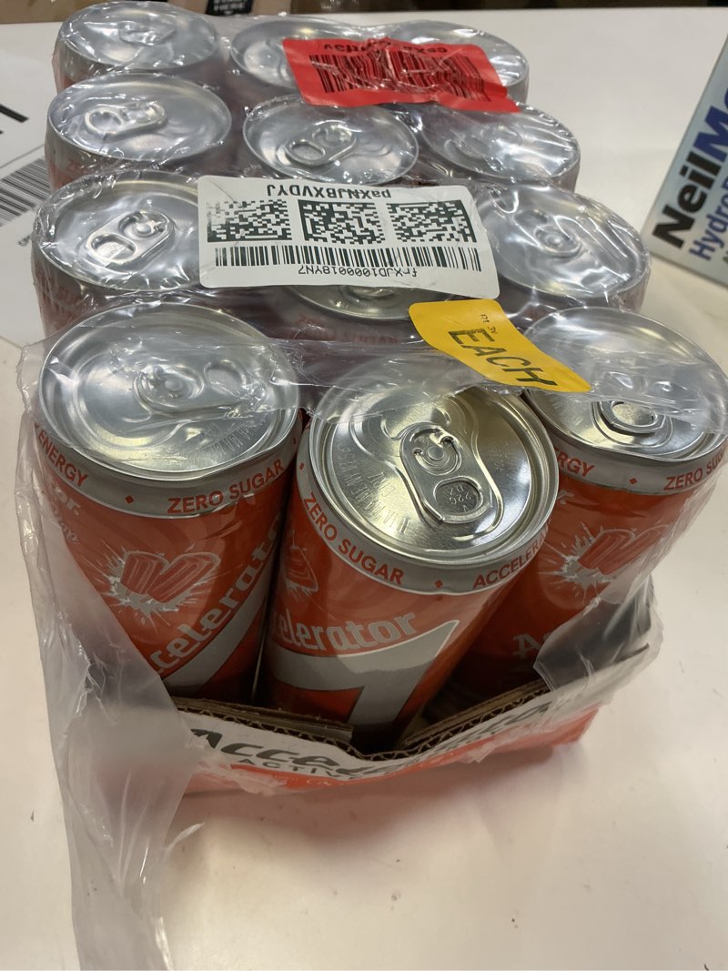 Condition photo showing New/Like New for best by-06/27) accelerator energy drink, orange ice pop 12oz can (12 pack), zero sugar, sustained energy from 100% natural caffeine (200mg from green coffee bean & green tea extract) orange ice pop 12 fl oz (12 pack)