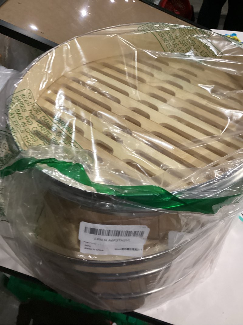Condition photo showing As Is for AutJrny 11.8-Inch Vertical Bamboo Steamer Basket, 3-Tier with Stainless Steel Rings | 50 Liners, Sauce Dish & 2-Chopsticks | Cooking Pot for Buns Dumplings Rice Vegetables Dim Sum 11.8 Inch 3-Tier Steamer
